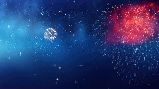 happy new year 2024 with blue background with fireworks. seamless looping time-lapse virtual video animation background.	
