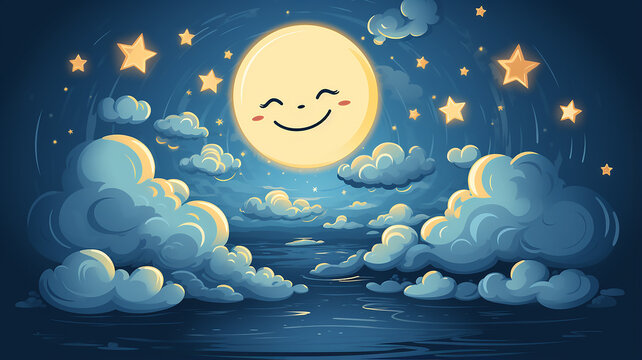 cartoon round moon on blue sky background, art character, good night kids