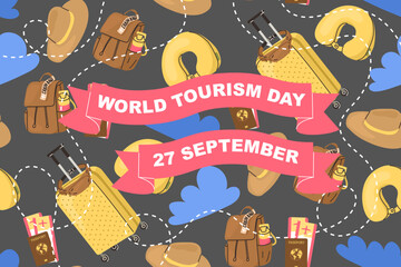 Poster for World Tourism Day. The inscription on an elegant ribbon surrounded by clouds, luggage, bags and tickets. Vector illustration for travel agencies and air ticket sales services.