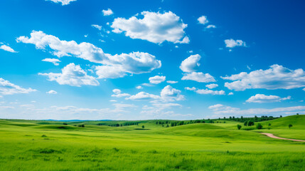 Rural landscape of green grassland with idyllic blue sky background