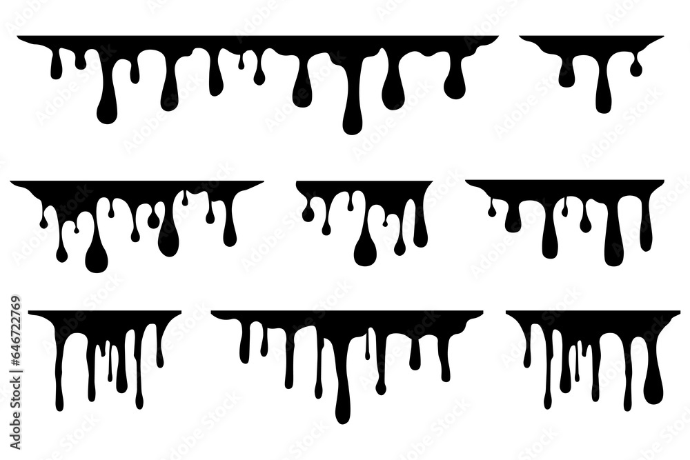 Poster black melting paint abstract liquid vector elements isolated on white background. set melting drops,