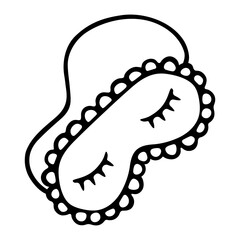 Mask for sleep. Cute accessory with a pattern of closed eyes. Sketch. Vector illustration. Doodle style. Attribute on the eyes with lace around the edges and elastic. Creating darkness 