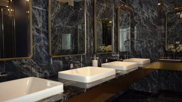 Luxury and Elegant Black Marble Tile Wall Public Restroom