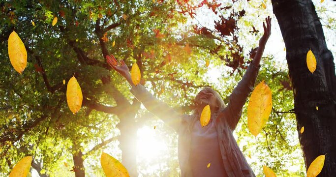 Animation of autumn leaves falling against caucasian senior woman enoying in the park
