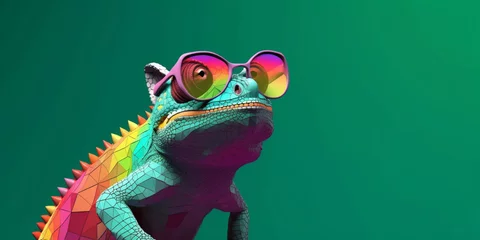 Foto op Plexiglas Generative AI. Chameleon wearing sunglasses on a solid color background, vector art, digital art, faceted, minimal, abstract © Vladimir