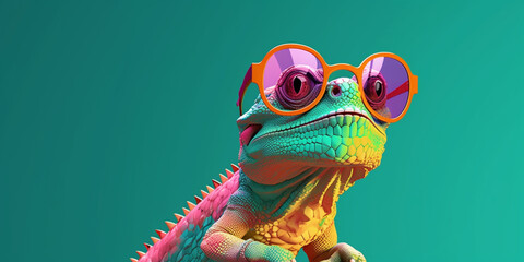 Generative AI. Chameleon wearing sunglasses on a solid color background, vector art, digital art, faceted, minimal, abstract - obrazy, fototapety, plakaty