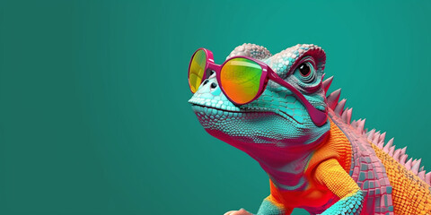 Generative AI. Chameleon wearing sunglasses on a solid color background, vector art, digital art, faceted, minimal, abstract