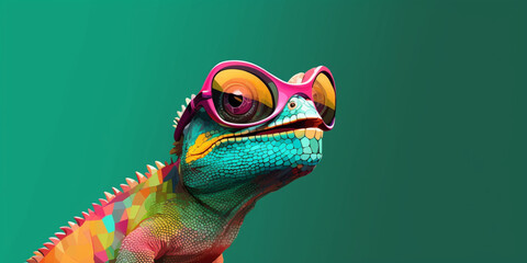 Generative AI. Chameleon wearing sunglasses on a solid color background, vector art, digital art, faceted, minimal, abstract