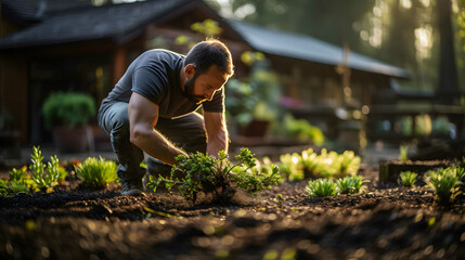 Young man planting seedlings in the garden on a sunny summer day