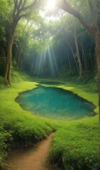 forest with lake, sun rays through the forest, forest with lake scene, sun rays on the lake, tropical forest with small lake
