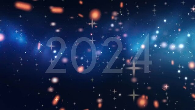 happy new year 2024 with blue background with fireworks. seamless looping time-lapse virtual video animation background.	
