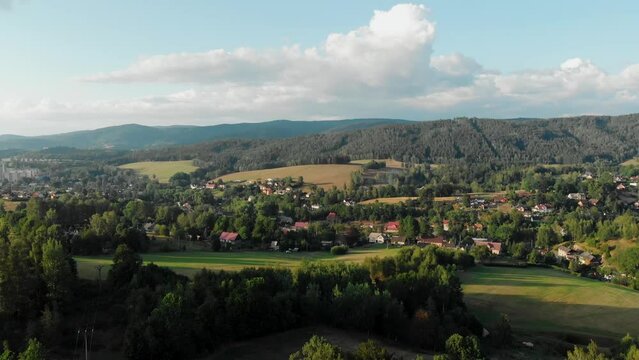 A drone view of a village in the Czech Republic. Mountain landscape in the Czech Republic. View from a drone of Vratislavice, Liberec urban district in the Czech Republic. Vratislavice nad Nisou
