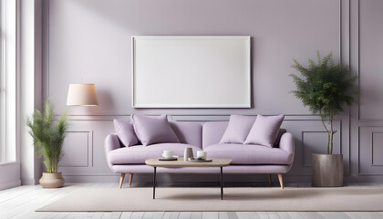 Modern living room simple interior design with pastel purple fabric sofa and cushions and blank poster frame