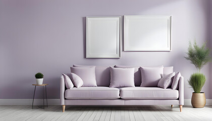 Modern living room simple interior design with pastel purple fabric sofa and cushions and blank poster frame