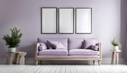 Modern living room simple interior design with pastel purple fabric sofa and cushions and blank poster frame