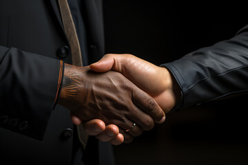 Businessmen in jackets are greeted by two hands close together