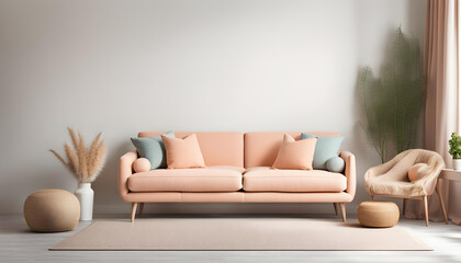 Fototapeta na wymiar Simple interior design of a modern living room with pastel orange fabric sofa and cushions