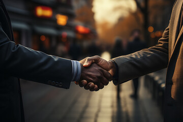Businessmen in jackets are greeted by two hands close together