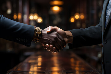 Businessmen in jackets are greeted by two hands close together