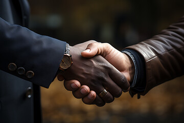 Businessmen in jackets are greeted by two hands close together