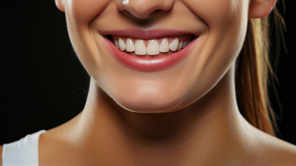 Obraz premium Joyful Woman Reveals Bright Whitened Smile on Dark Canvas