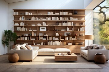 modern luxury library with light natural materials