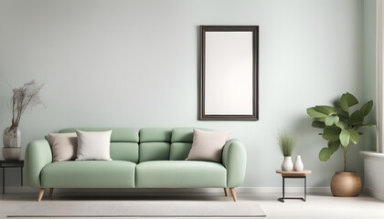 Simple interior design of a modern living room with pastel green fabric sofa and cushions and blank poster frame