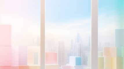 view from plastic windows in the city, soft color pastel background, modern city windows of an apartment building