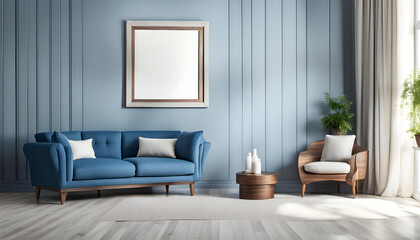 Simple interior design of a modern living room with a pastel blue fabric sofa and cushions and a blank poster frame.