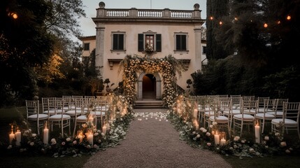 Fototapeta na wymiar Cozy vintage boho style wedding ceremony setup in a tuscany mansion