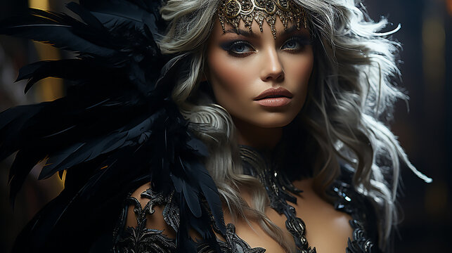 fantasy mysterious woman dark queen bare long sexy luxurious black dress silk fly wind, Elegant hairstyle gothic lady. 