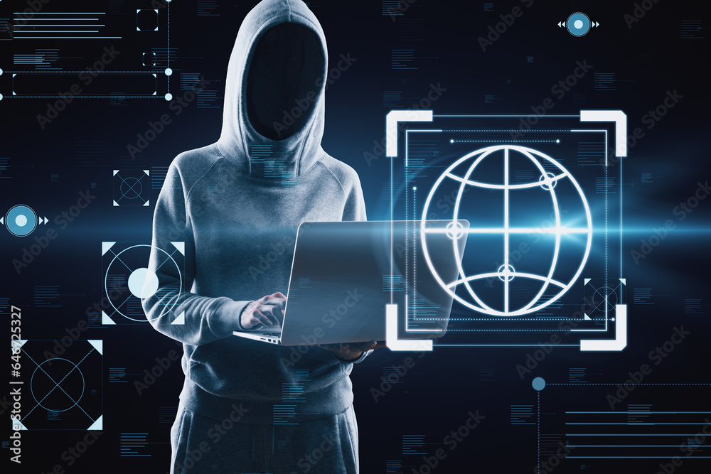 Aufkleber Hacker using laptop with creative hacking interface on dark background. Code window high tech UI and spyware concept.