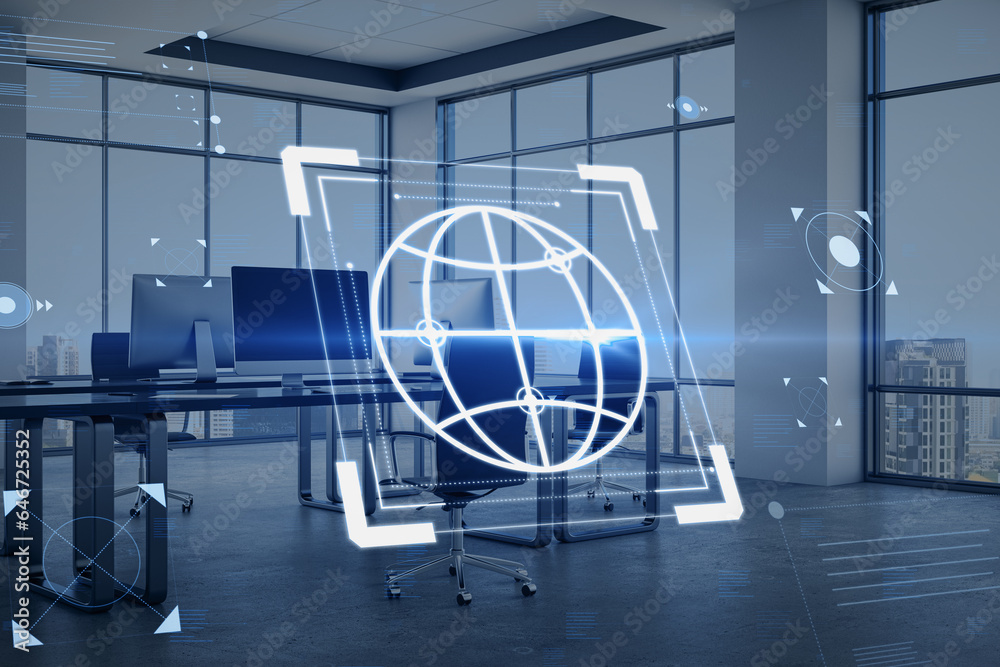 Poster Modern office interior with creative hacking interface and windows with city view in the background. Code window high tech UI and spyware concept. 3D Rendering.