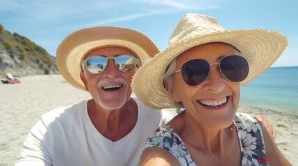 Portraits of pensioners in straw hats and sunglasses resting on the sea beach. Travel for older people.