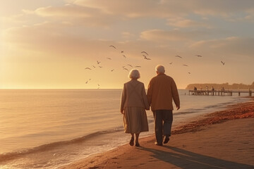 Fototapeta premium A couple of elderly people walk on the seashore at sunset. Travel for retirees.