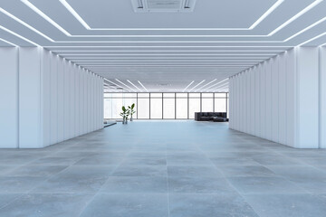 Modern spacious concrete and glass office interior with furniture and panoramic windows with city view. 3D Rendering.