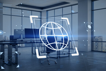 Modern office interior with creative hacking interface and windows with city view in the background. Code window high tech UI and spyware concept. 3D Rendering.