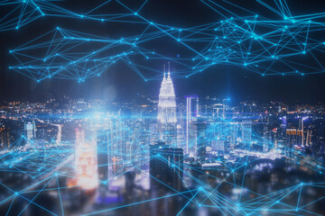 Glowing polygonal mesh on bright night city background. Smart city concept. Double exposure.