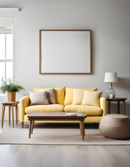 Simple interior design of a modern living room with a pastel yellow fabric sofa and cushions and a blank poster frame.