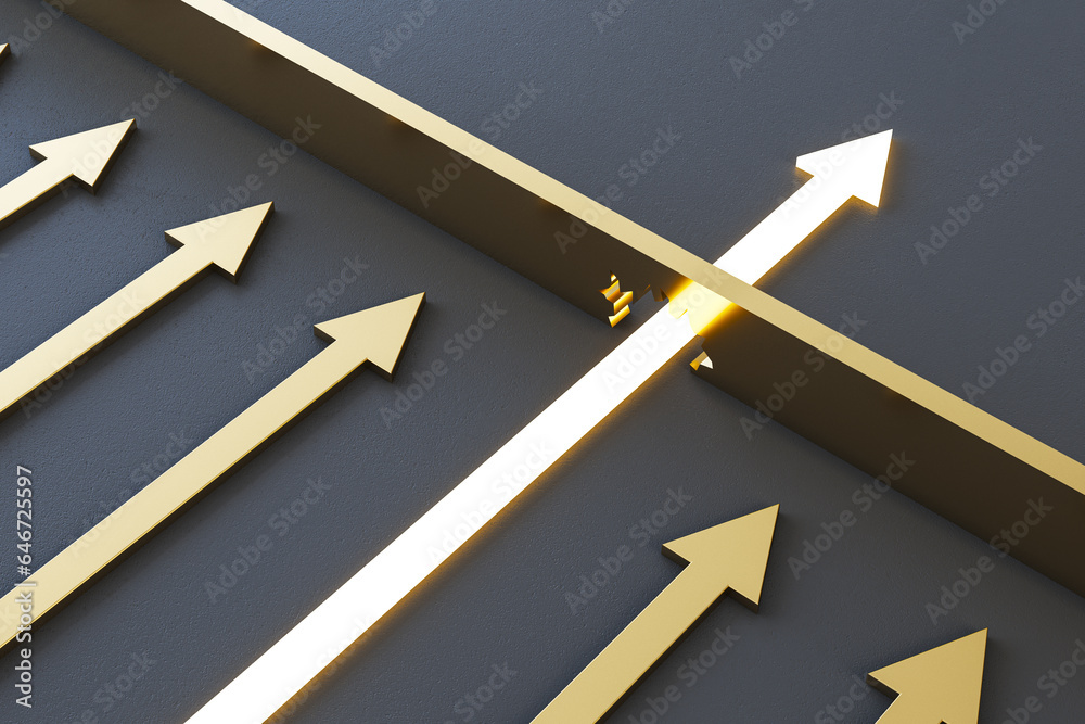 Aufkleber abstract illuminated golden arrow breaking through wall on dark background. leadership and breakthro