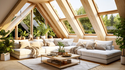 Naklejka premium Inneneinrichtung in einem modernem Haus mit grossen Fenstern. Generiert mit KI