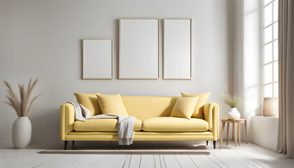 Simple interior design of a modern living room with a pastel yellow fabric sofa and cushions and a blank poster frame.