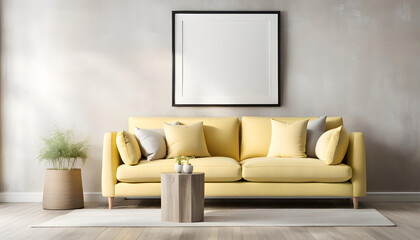 Simple interior design of a modern living room with a pastel yellow fabric sofa and cushions and a blank poster frame.