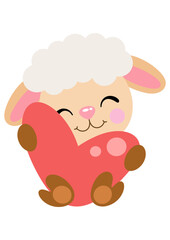 Cute sheep sitting holding a big heart
