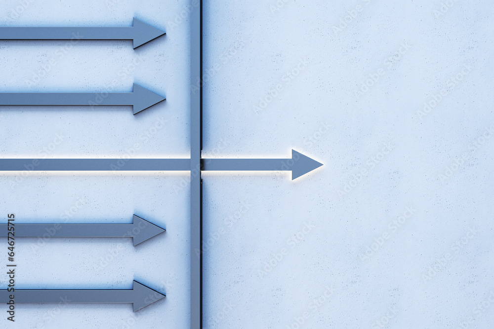 Poster Creative illuminated blue arrow breaking through wall on light background with mock up place. Leadership and breakthrough concept. 3D Rendering.