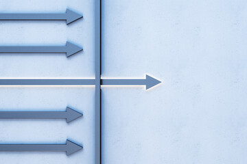 Creative illuminated blue arrow breaking through wall on light background with mock up place. Leadership and breakthrough concept. 3D Rendering.