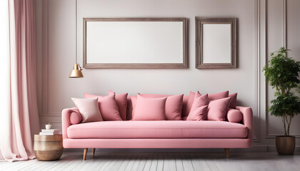 Fototapeta premium Simple interior design of a modern living room with a pastel pink fabric sofa and cushions and a blank poster frame.