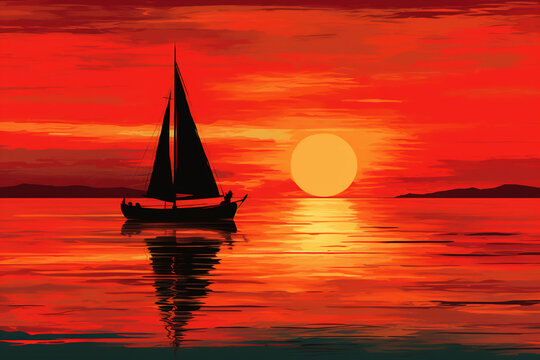 boat sihouette, on the water, red sky