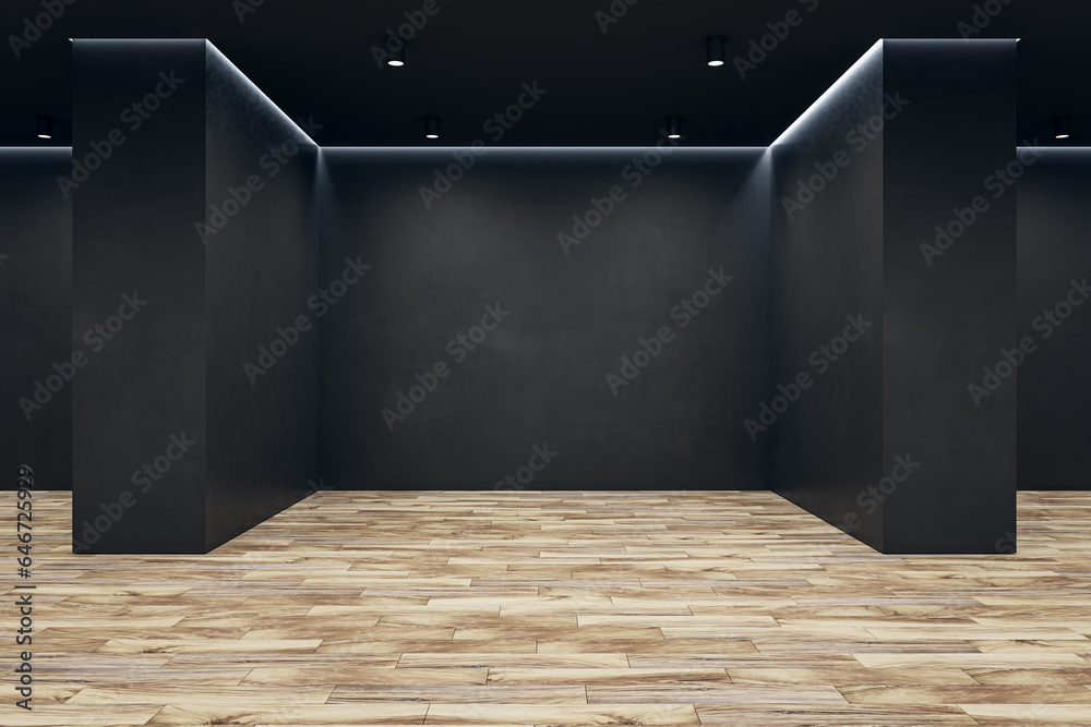 Poster modern black concrete gallery interior with wooden parquet flooring and mock up place on wall. art a