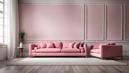 Simple interior design of a modern living room with pastel pink fabric sofa and cushions.